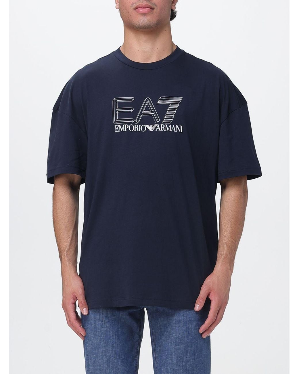 EA7 Blue Cotton Crew-Neck T-Shirt With Logo for men