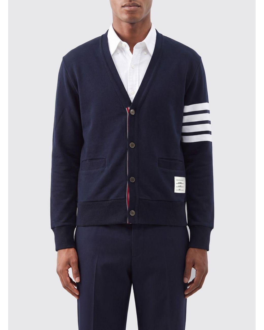 Cárdigan De Algodón Con Motivo 4-Bar Y Cuello De Pico Thom Browne de hombre de color Blue