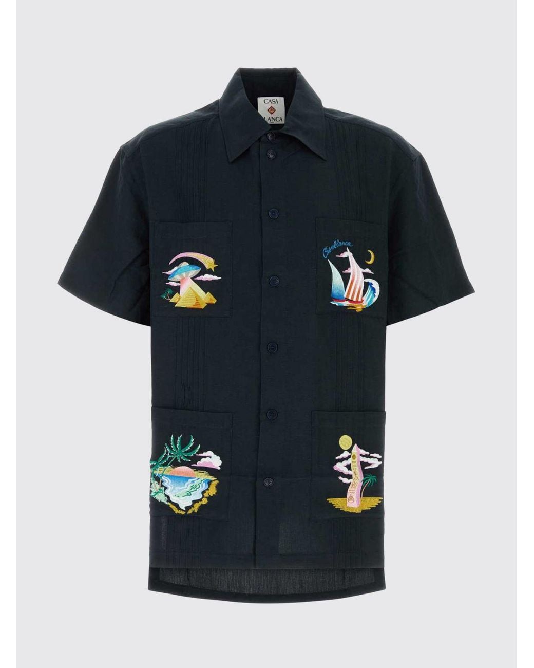 Casablanca Blue Short-Sleeve Embroidered Cotton Shirt With Dropped Shoulders for men