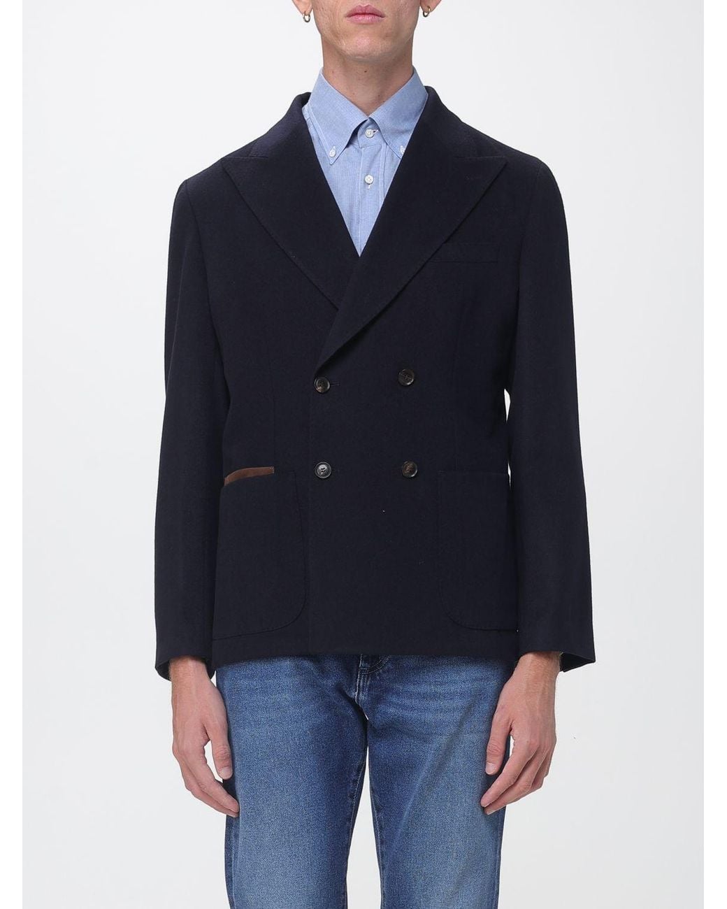 Luciano Barbera Blue Double-Breasted Pure Wool Blazer With Welt Pockets for men