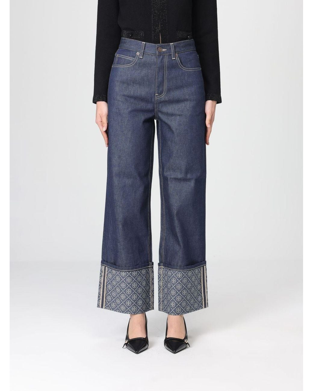 Tory Burch Blue Wide Leg Denim Jeans With Cuff