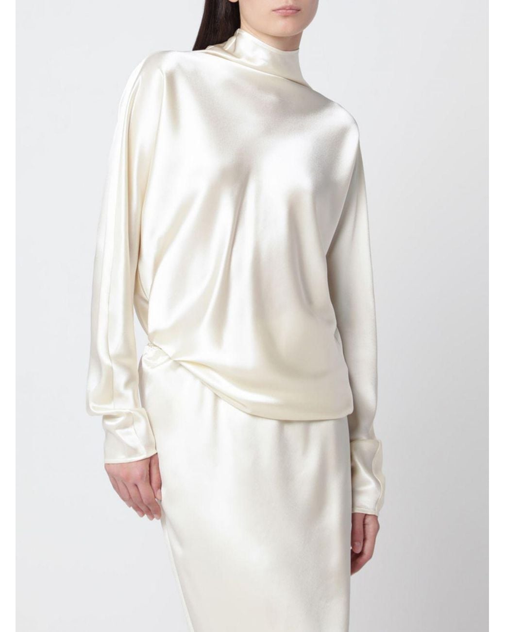 Almada Label White Satin Roll-Neck Top With Long Sleeves And Dropped Shoulders