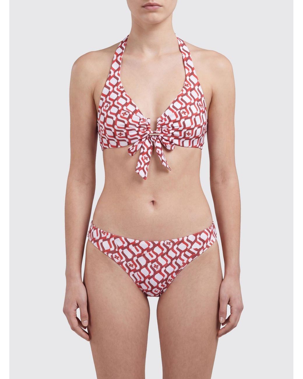 Max Mara Red Monogram Print Halterneck Bikini Top