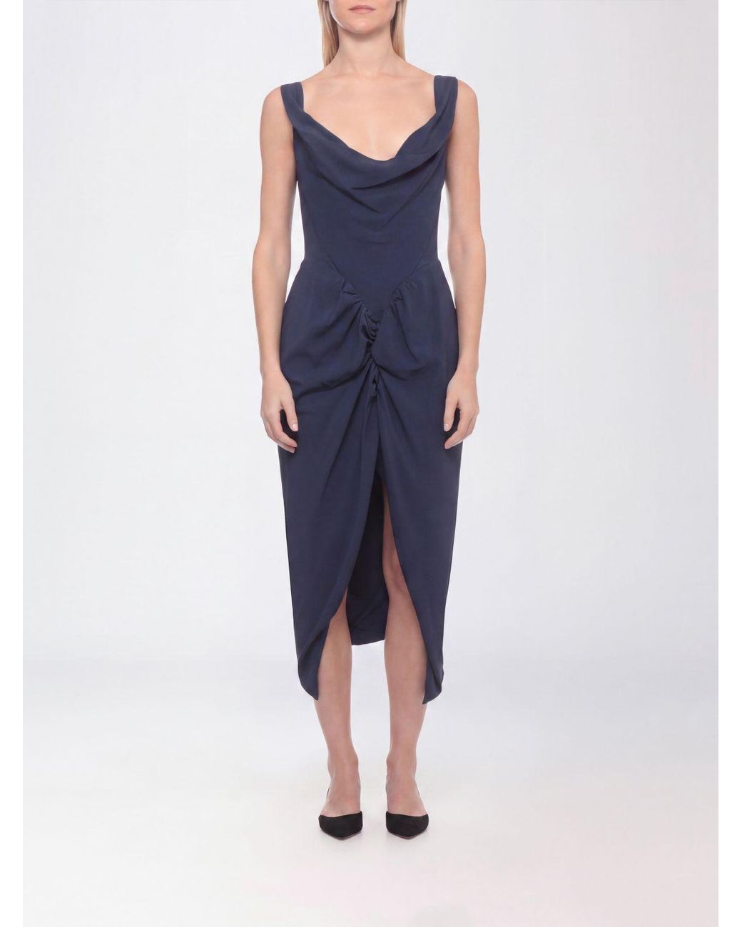 Vivienne Westwood Blue Asymmetric Off-The-Shoulder Stretch-Viscose Bustier Midi Dress