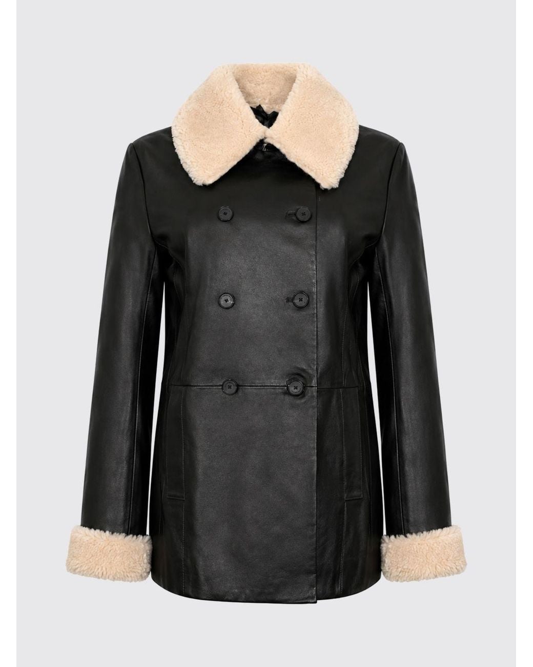 Liviana Conti Black Double-Breasted Leather Coat With Fur Collar And Cuffs