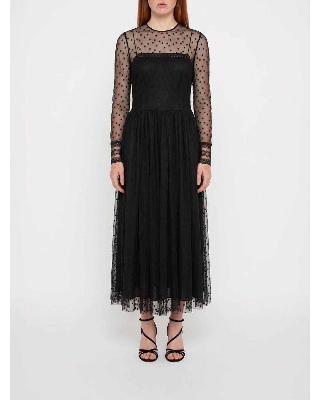 Alberta Ferretti Black Tulle Midi Ceremony Dress With Long Sleeves And A Crew Neck