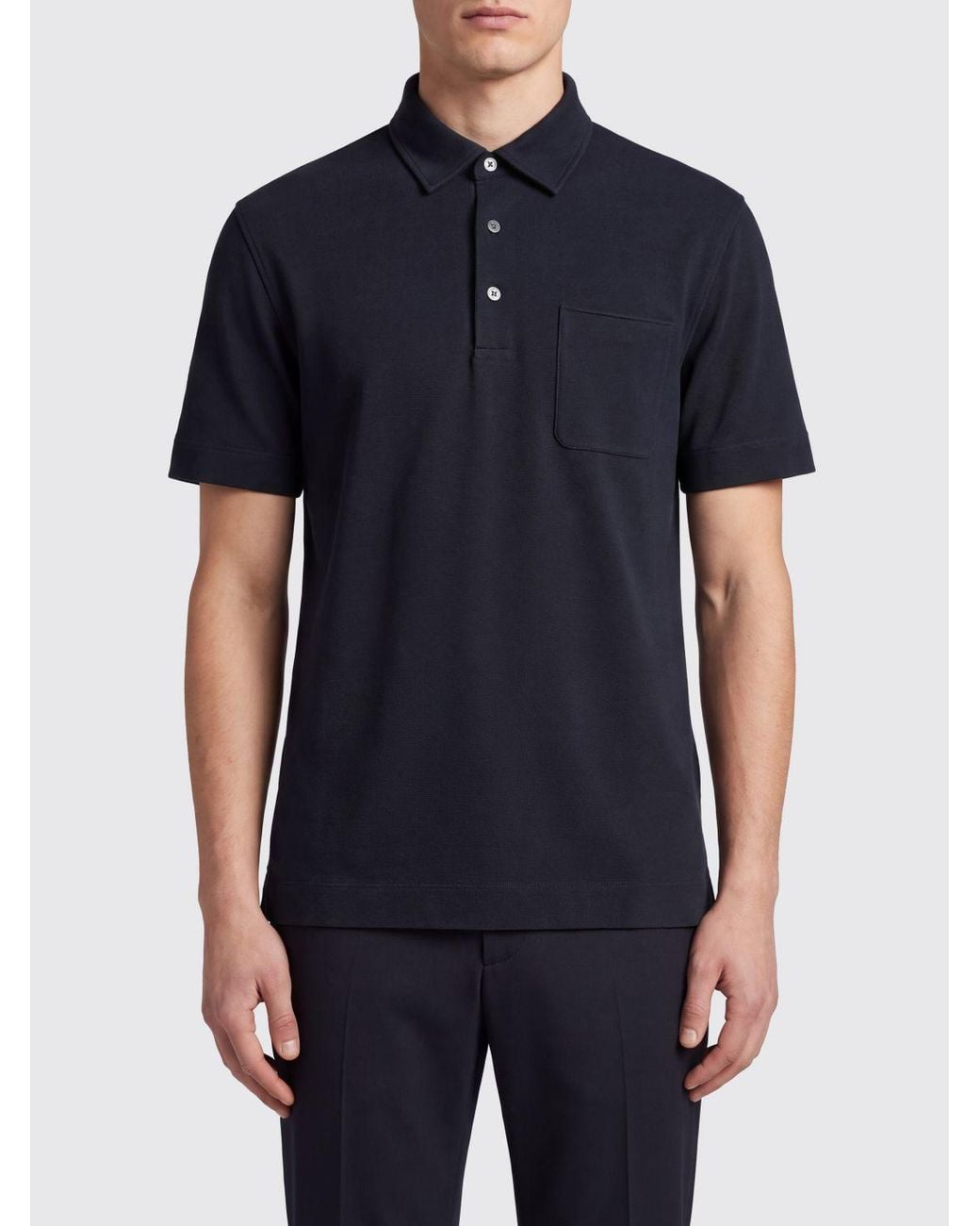 Zegna Blue Short-Sleeved Cotton Polo Shirt With Patch Pocket for men