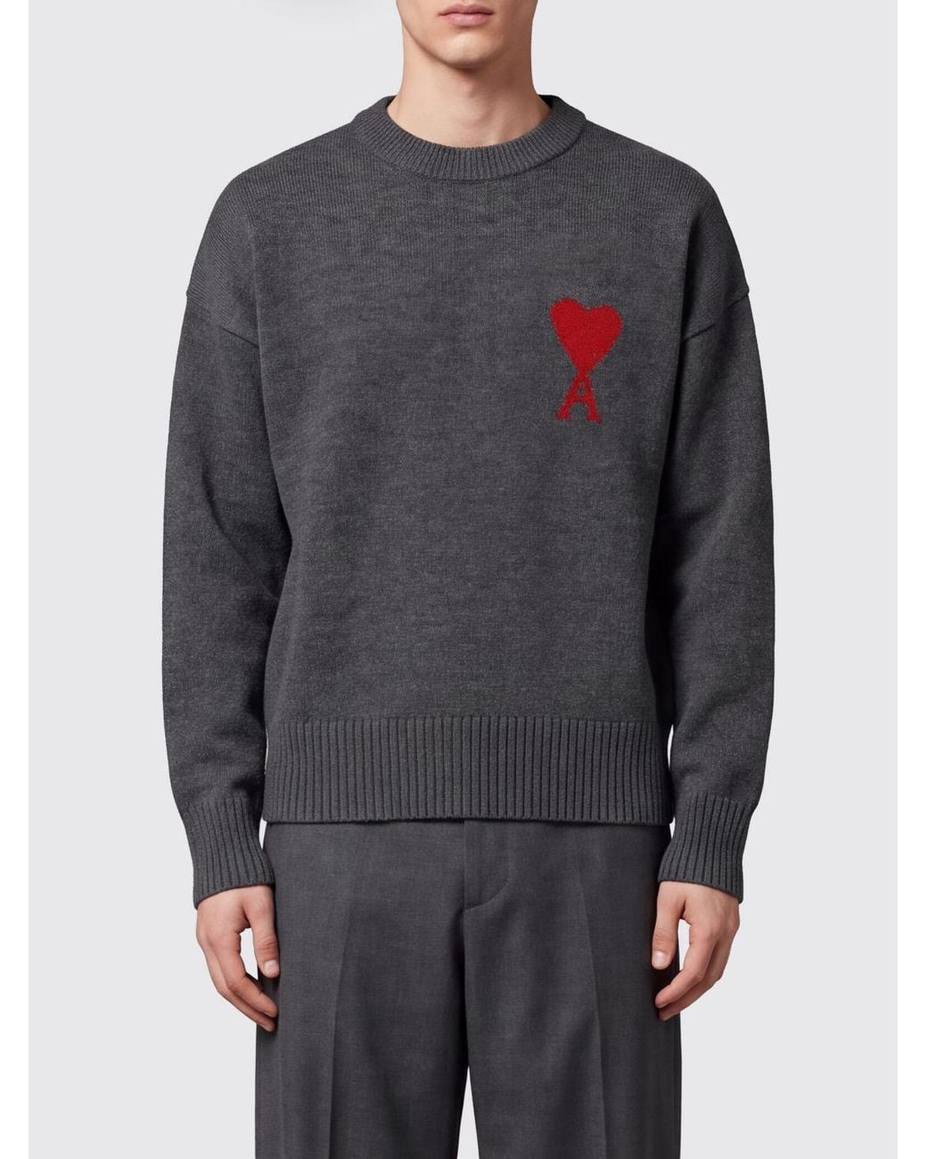 AMI Gray Jacquard Logo Wool Crewneck Jumper With Dropped Shoulders for men