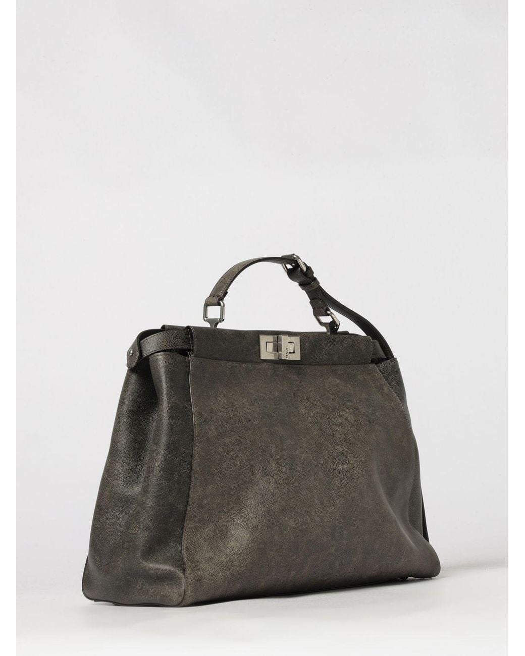Fendi Gray My Peekaboo Calfskin Leather Shoulder Bag With Twist-Lock Closure