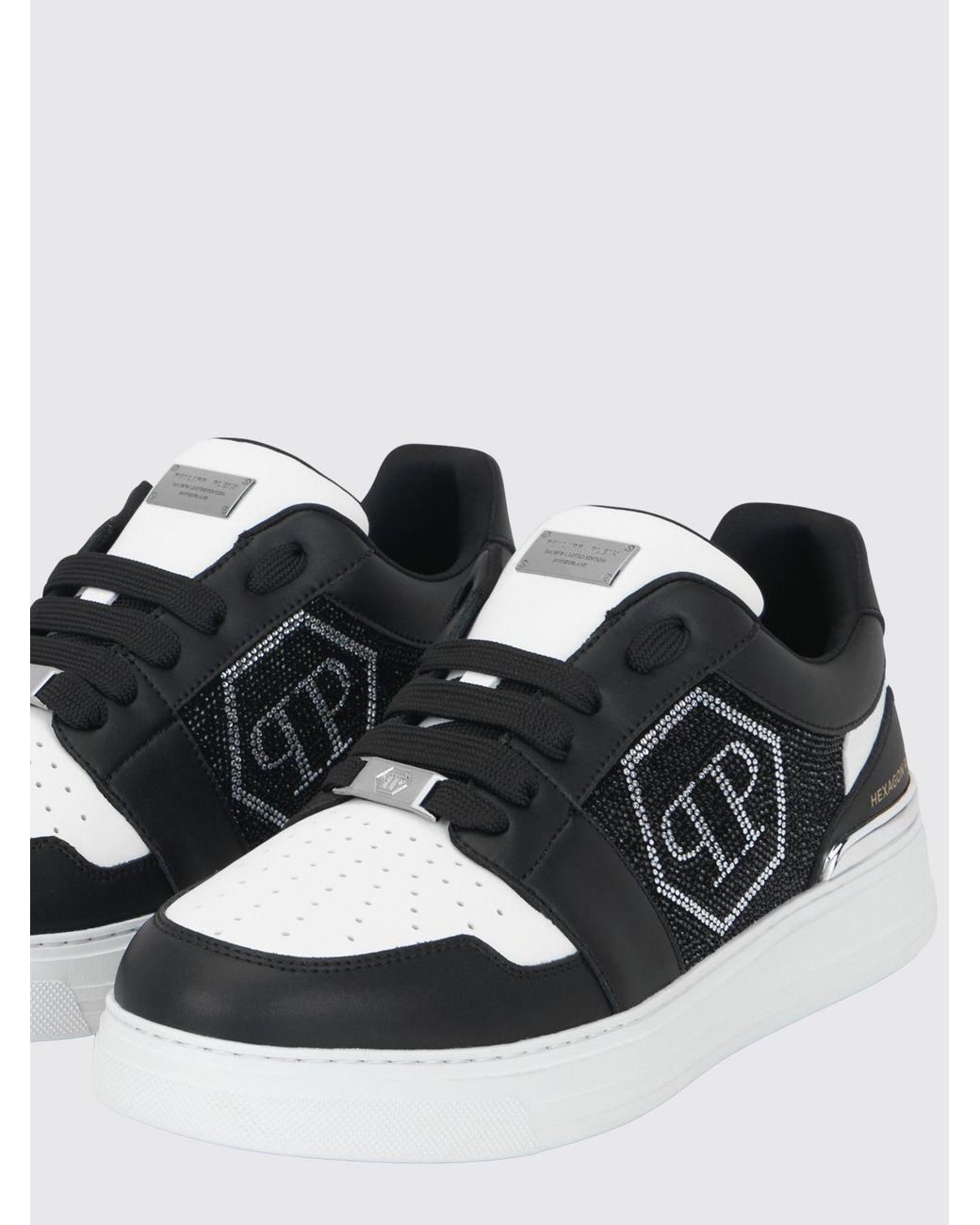 Philipp Plein White Hexagon Royale Leather Sneakers With Rhinestone Hexagon Logo for men