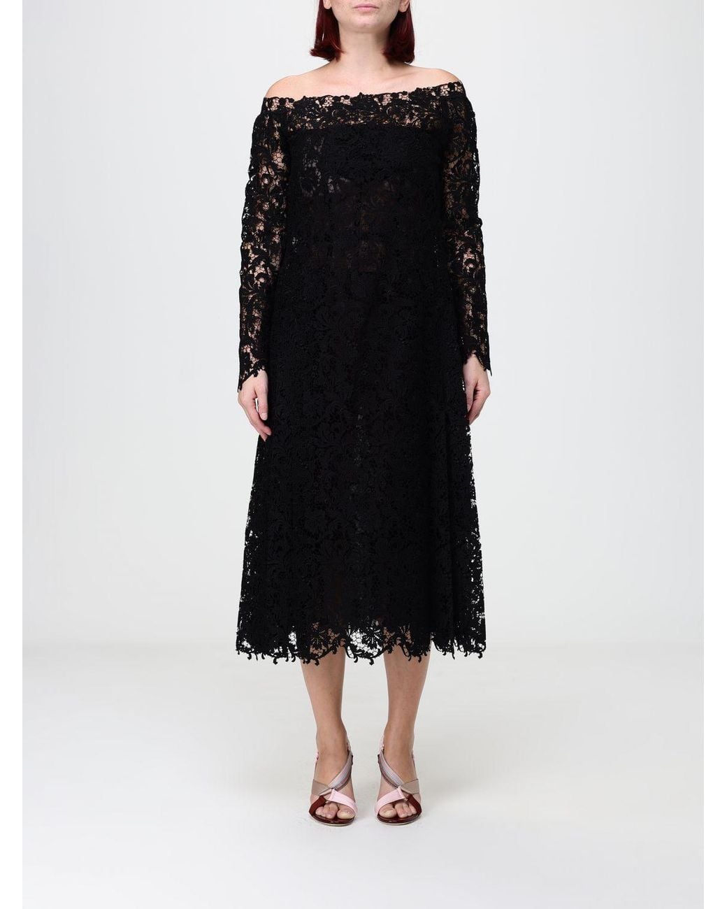 Fendi Black A-Line Lace Midi Dress With A Straight Neckline