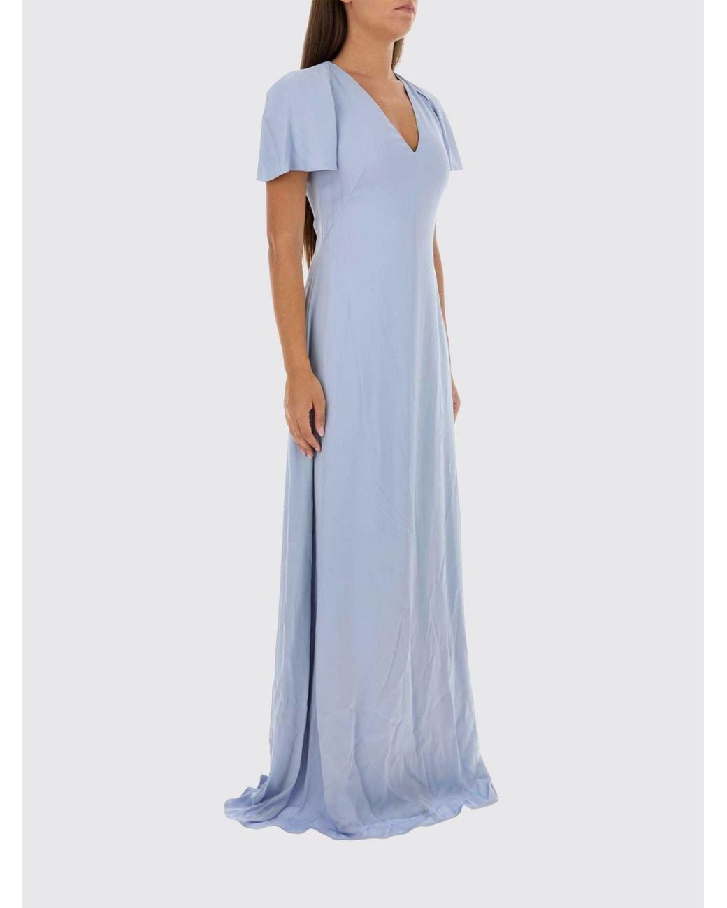 Jil Sander Blue Long V-Neck Satin Evening Gown