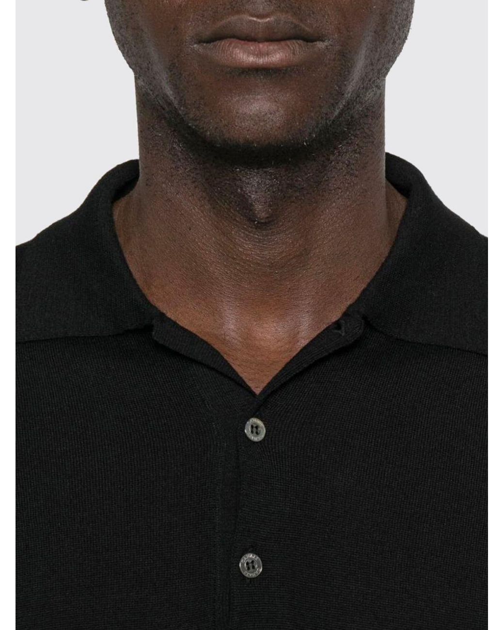 Canali Black Long-Sleeved Wool Knitted Polo Shirt With Three Buttons for men