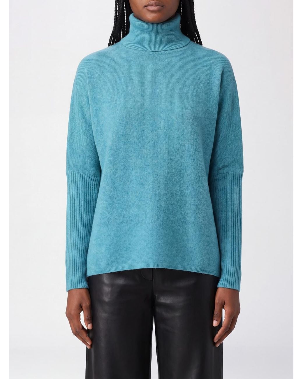 Jersey De Cuello Alto De Puro Cachemir Con Manga Larga Y Ribetes Acanalados Not Shy de color Blue