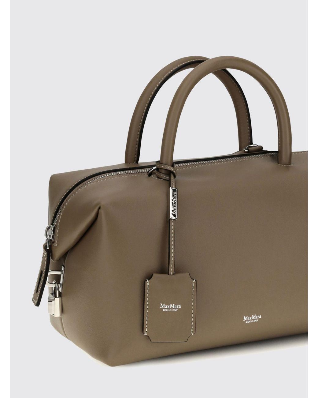 Max Mara Brown Holdall Smooth Calfskin Leather Boston Bag With Logo Charm