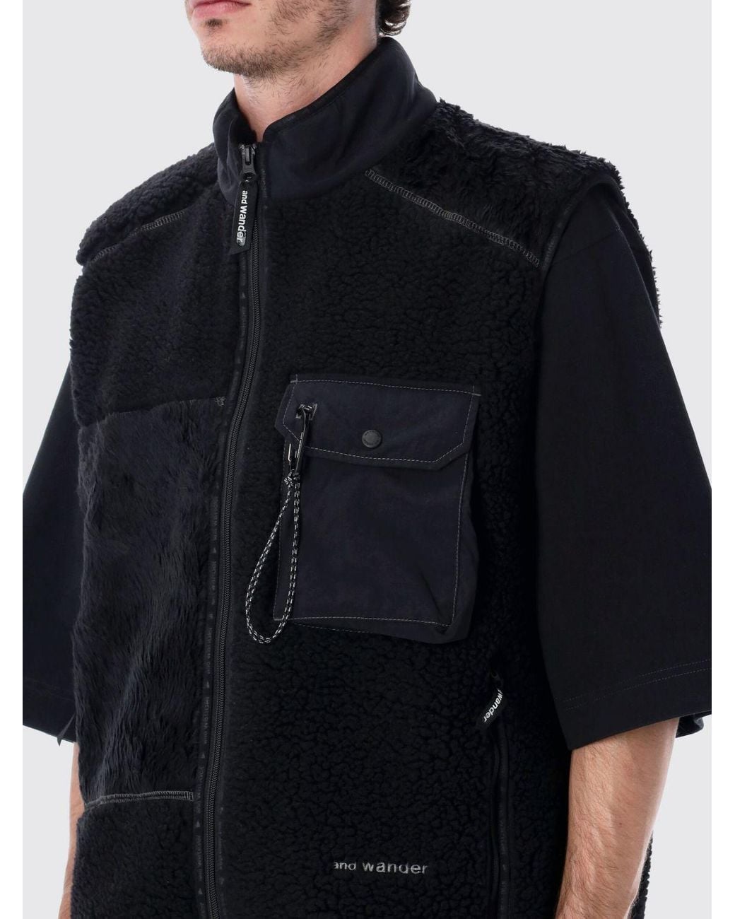 And Wander Black Technical Wool-Blend Gilet With High Neck And Zip Pockets for men
