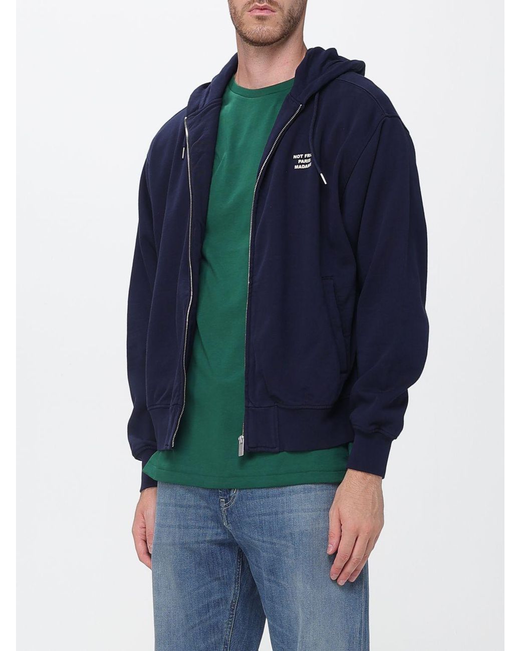 Drole de Monsieur Blue Zipped Cotton Hoodie With Contrast Logo for men