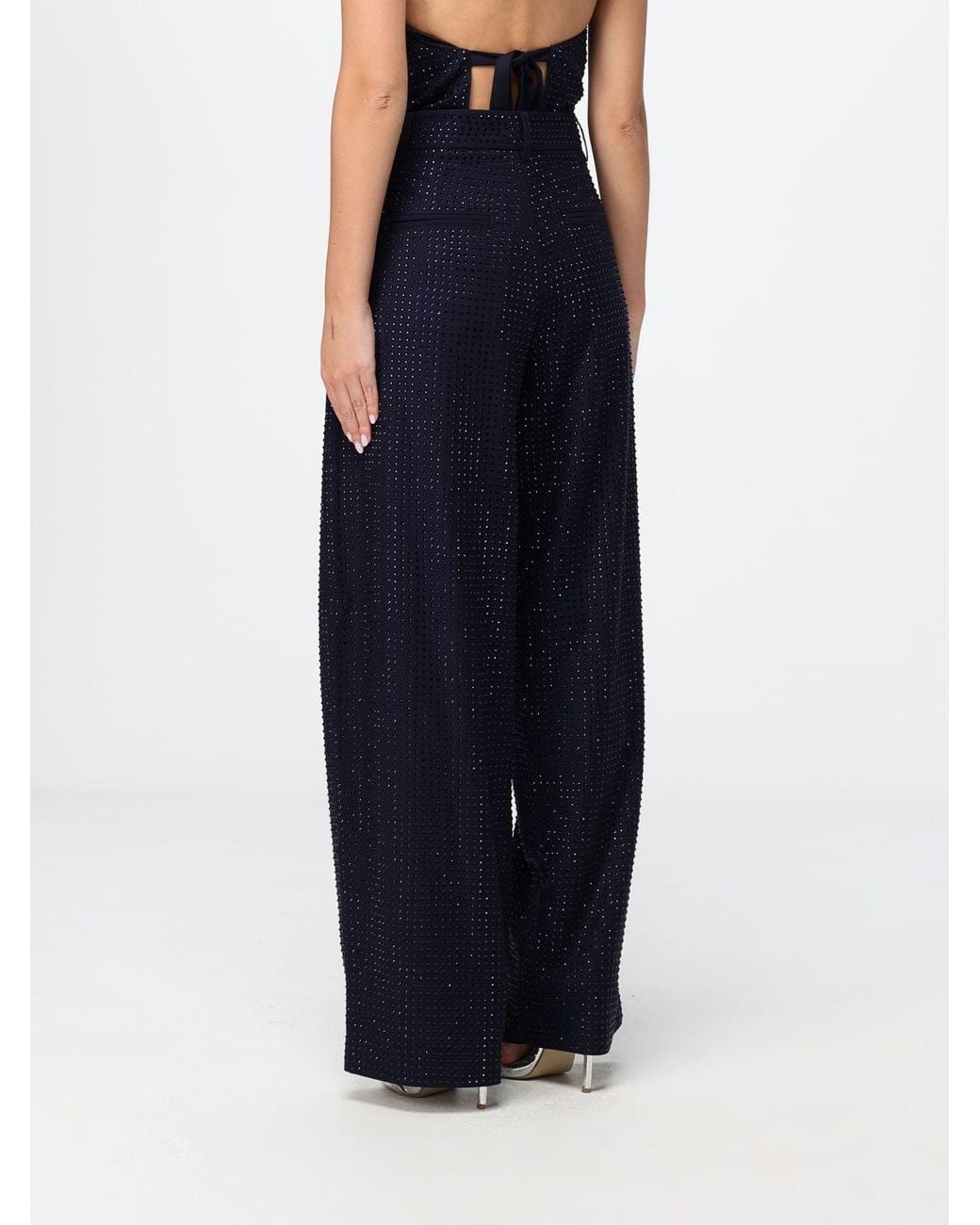 Pinko Blue High-Waisted Wide Leg Crêpe Trousers With Rhinestone Applications