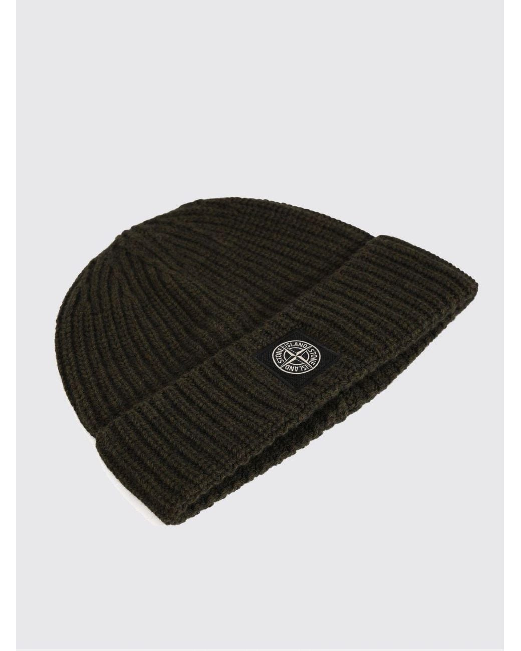 Stone Island Black Ribbed Virgin Wool Beanie Hat With Compass Logo for men