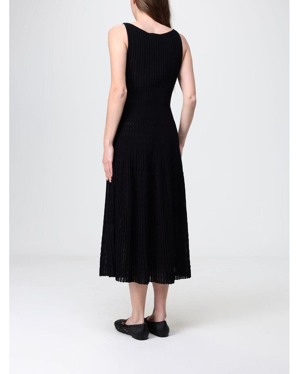 Antonino Valenti Black Pleated Knit Off-The-Shoulder Midi Dress