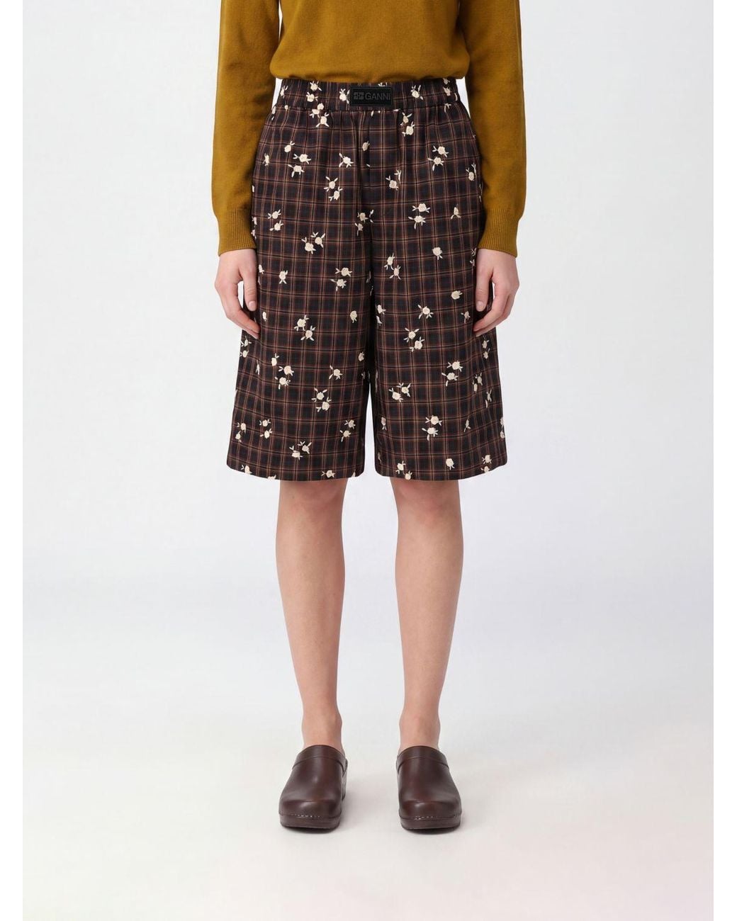 Ganni Black Check Organic Cotton High-Waisted Shorts With Elastic Waistband