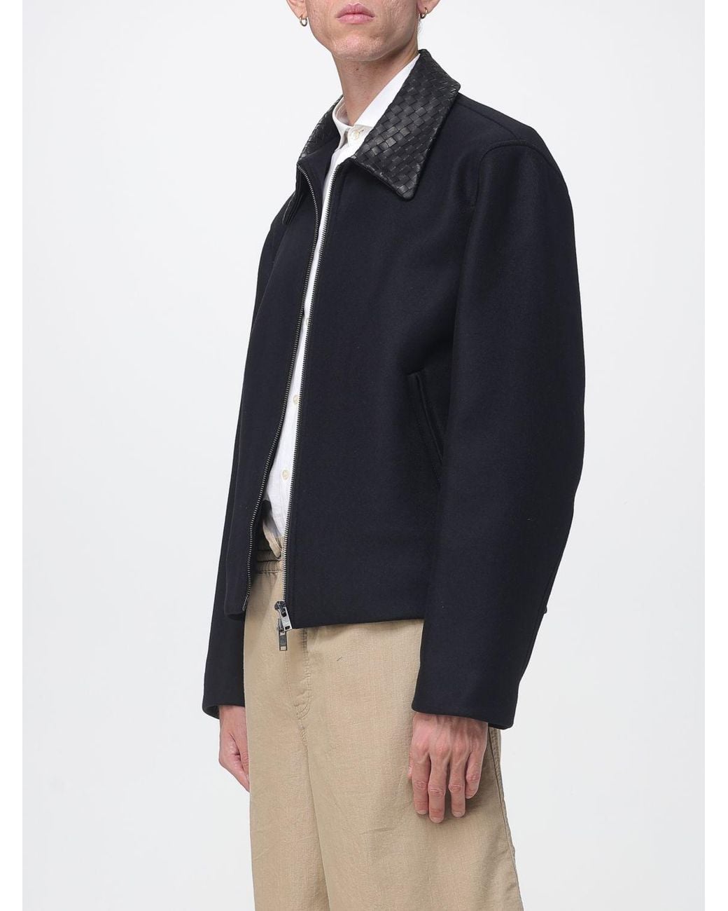 Bottega Veneta Blue Single-Breasted Short Wool Coat With Leather Collar for men