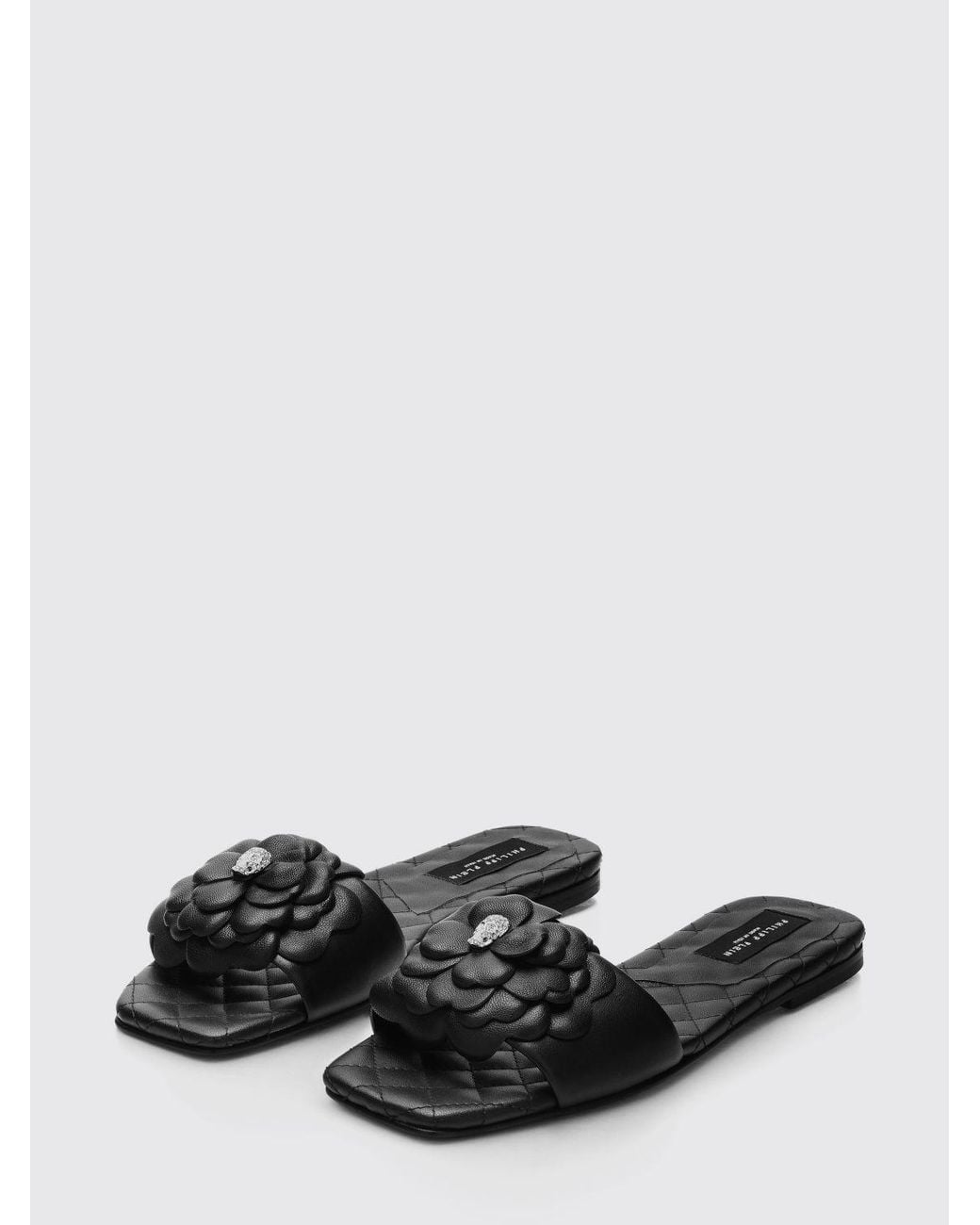 Philipp Plein Black Leather Slide Sandals With Floral And Skull Appliqué