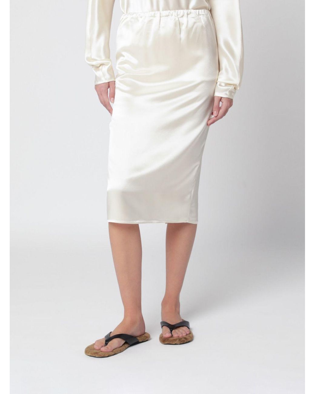 Almada Label White Liu Satin Midi Pencil Skirt With Elasticated Waistband