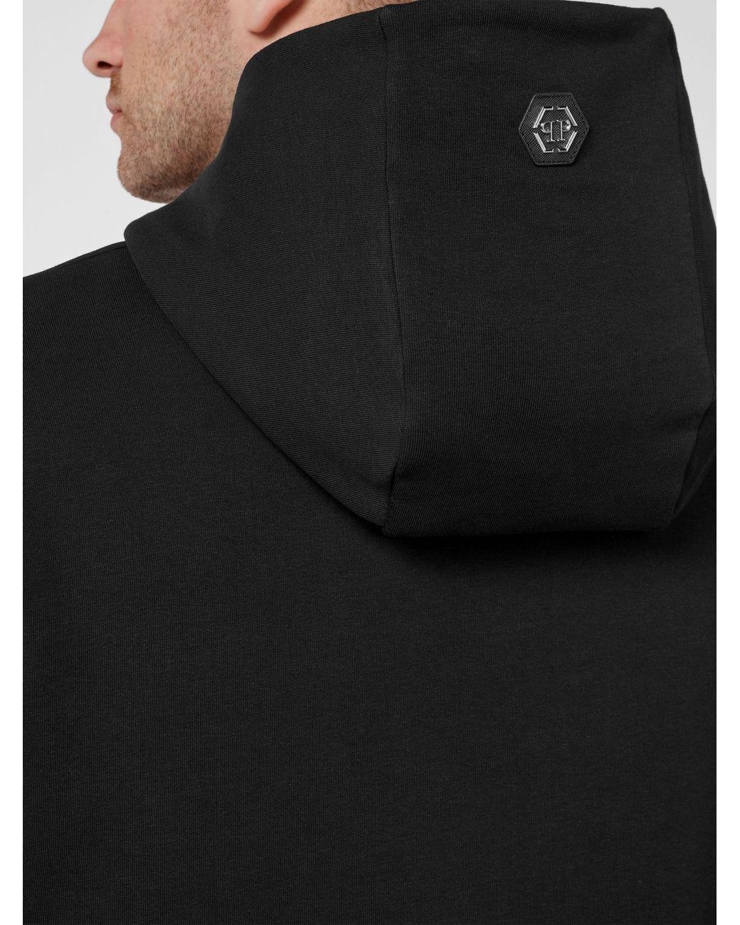 Philipp Plein Black Monogram Print Cotton Hoodie With Hexagon Logo And Dropped Shoulders for men