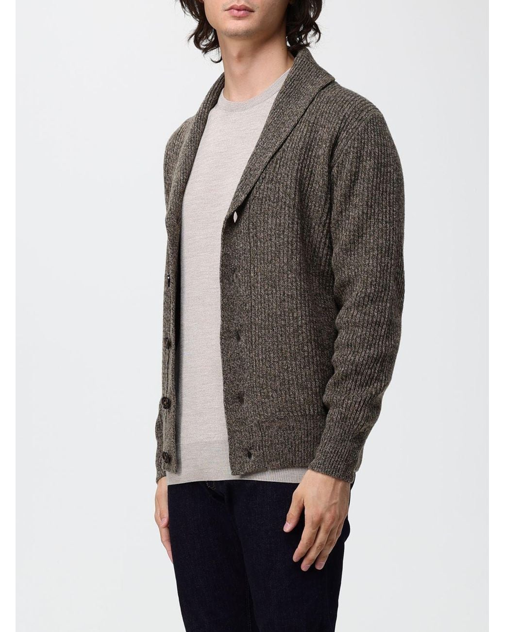 Brooksfield Gray Shawl Collar Ribbed Wool Cardigan With Buttons for men