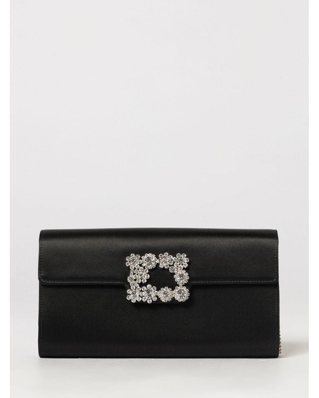 Roger Vivier Black Flower Satin Clutch With Crystals And Metal Mesh Strap