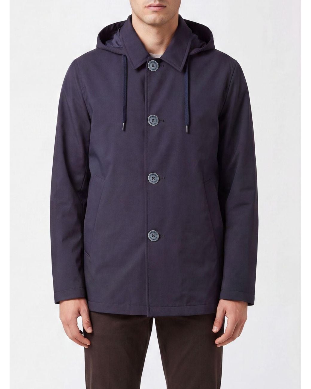 Herno Blue Short Cotton Hooded Raincoat With A Classic Collar And Button Closure for men