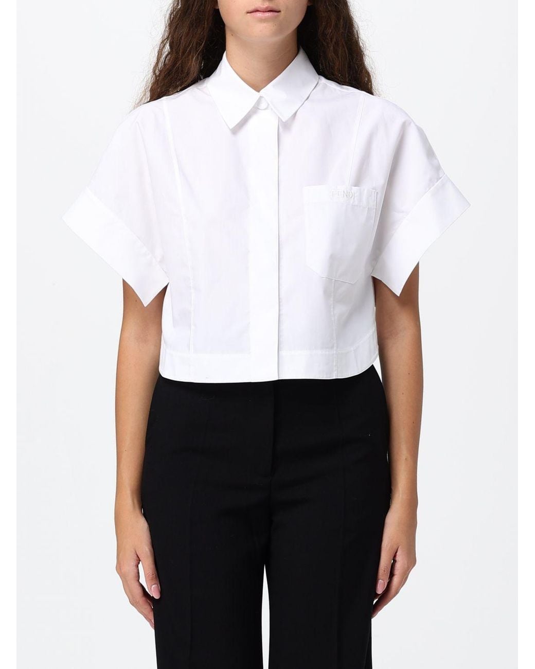 Fendi White Cropped Cotton Poplin Shirt With Patch Pocket And Short Sleeves