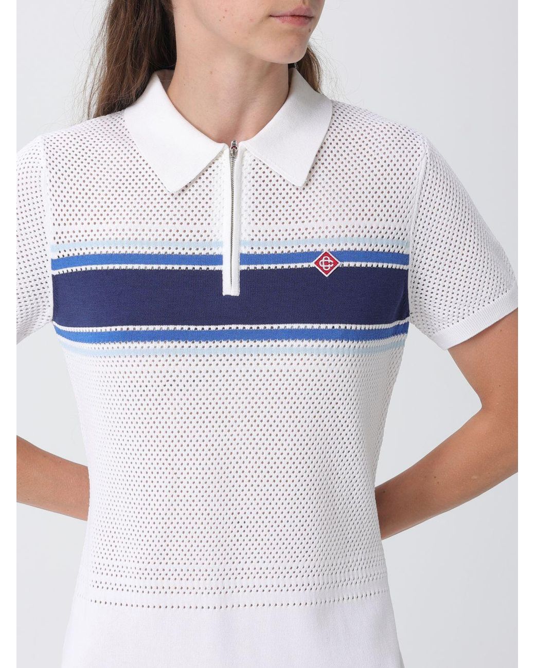 Casablanca White Striped Perforated-Knit Cotton-Blend Mini Polo Dress