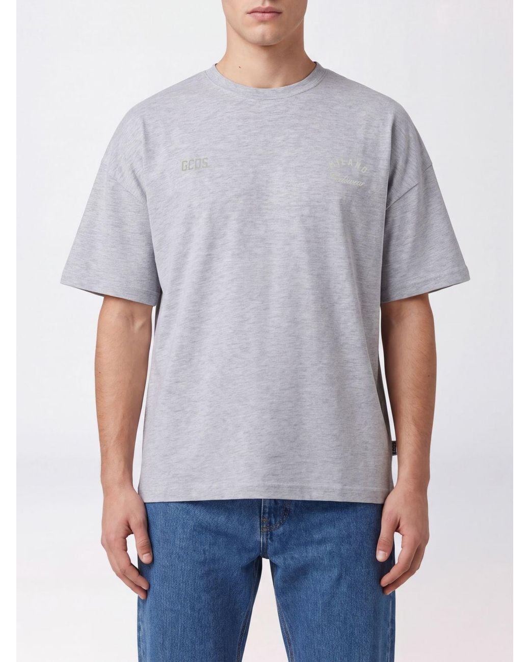 Gcds Gray Cotton T-Shirt With Back Logo And Dropped Shoulders for men