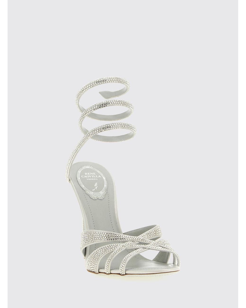 Rene Caovilla White High-Heeled Satin Sandals With Rhinestone-Covered Snake Strap