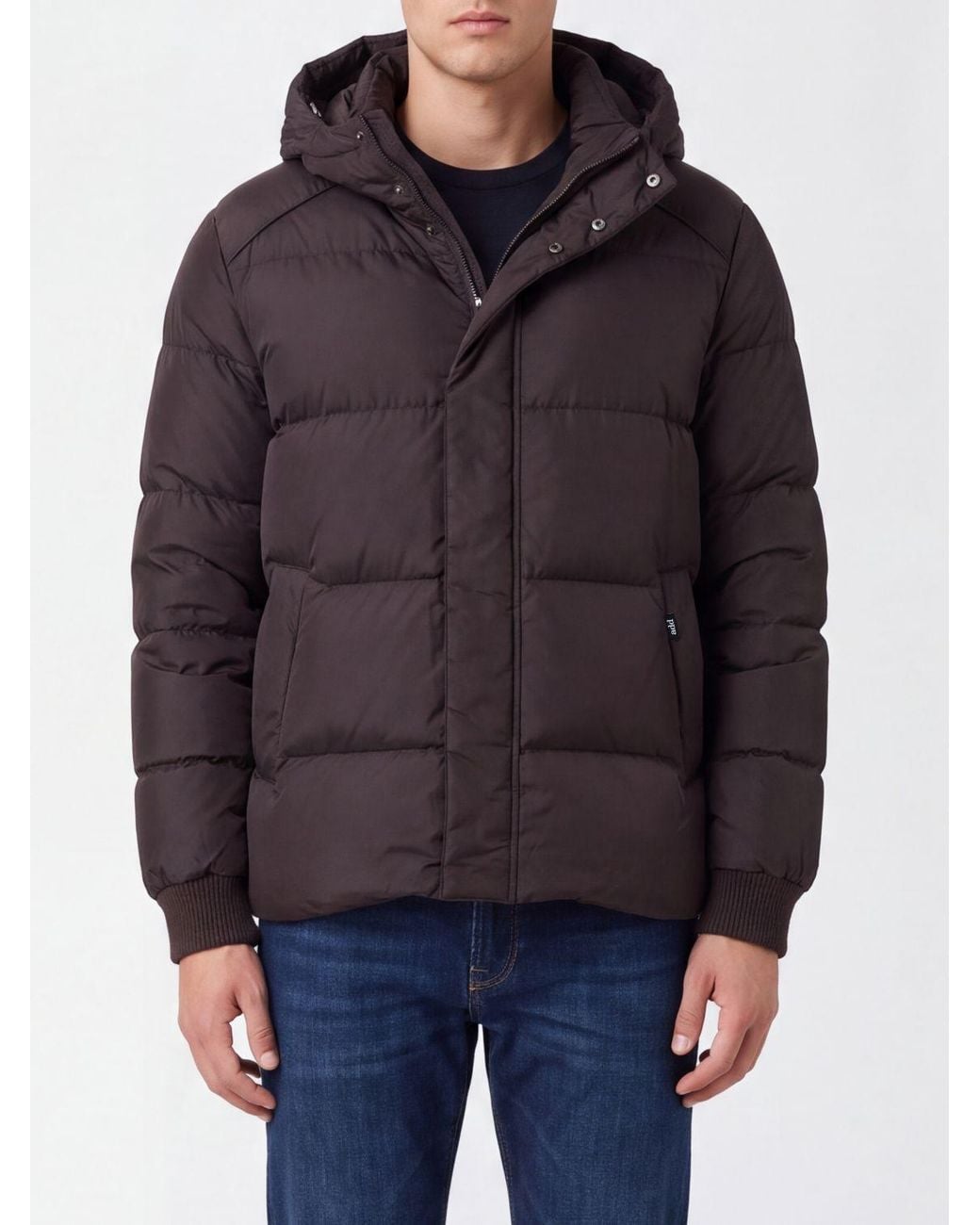 Add Blue Quilted Nylon Short Down Jacket With Ped Hood And Concealed Closure for men