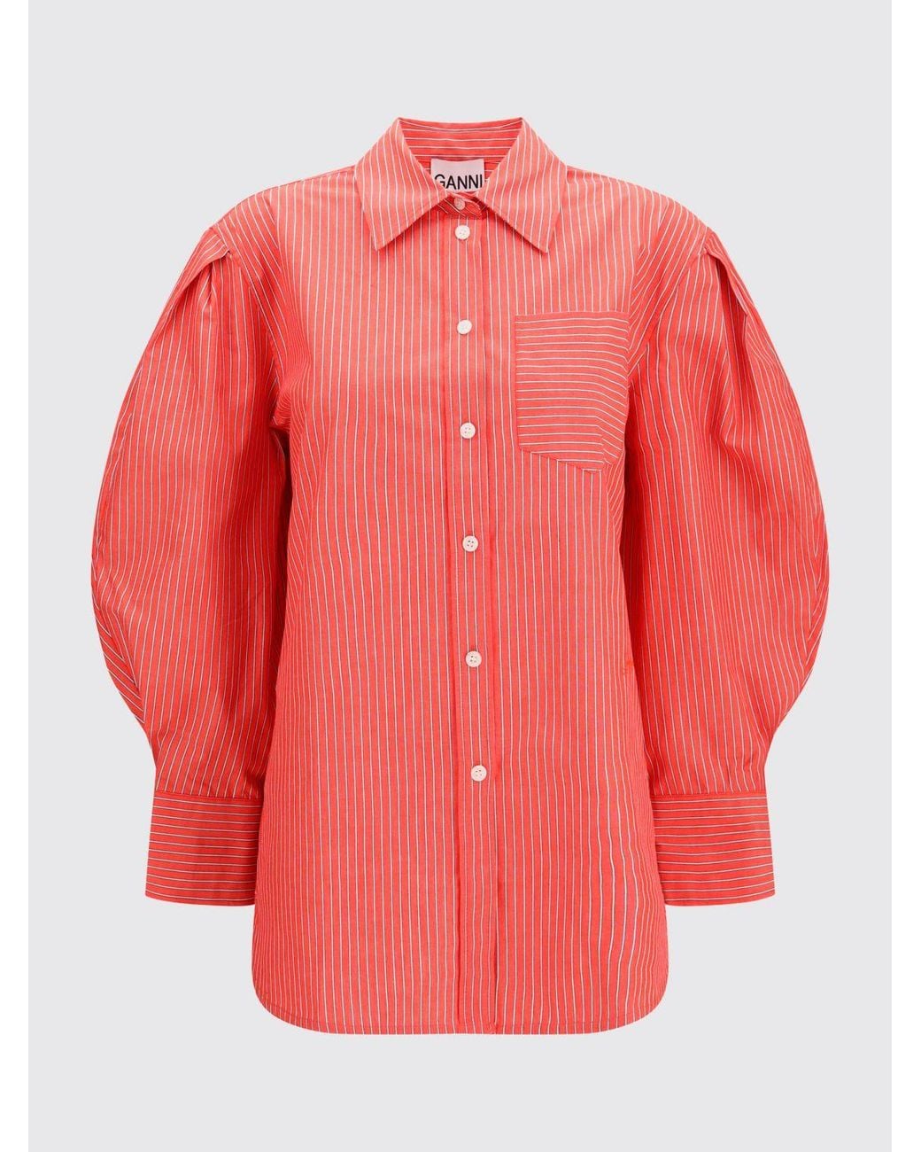 Ganni Pink Striped Cotton Shirt With Balloon Sleeves