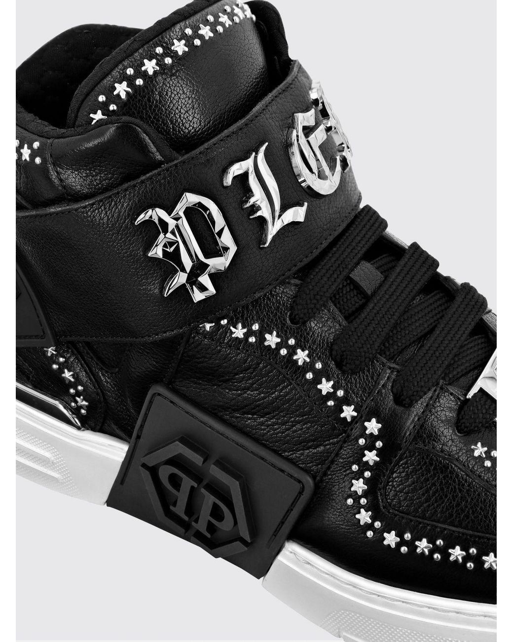 Philipp Plein Black Gothic High-Top Leather Sneakers With Studs And Star Applications for men