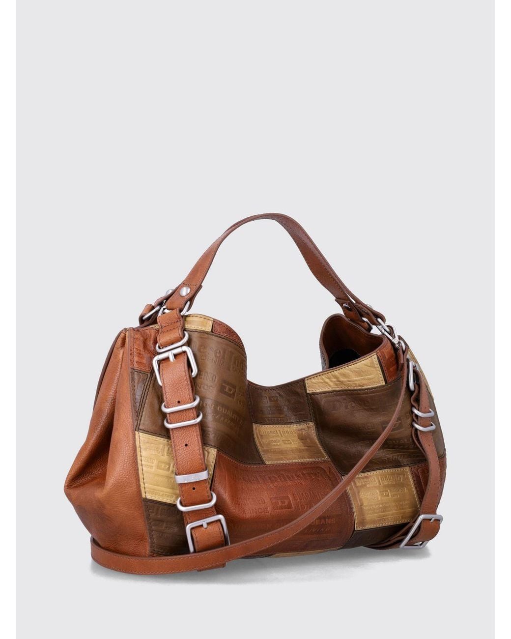 DIESEL Brown D-One Patchwork Leather Tote Bag With Double Handle And Buckle