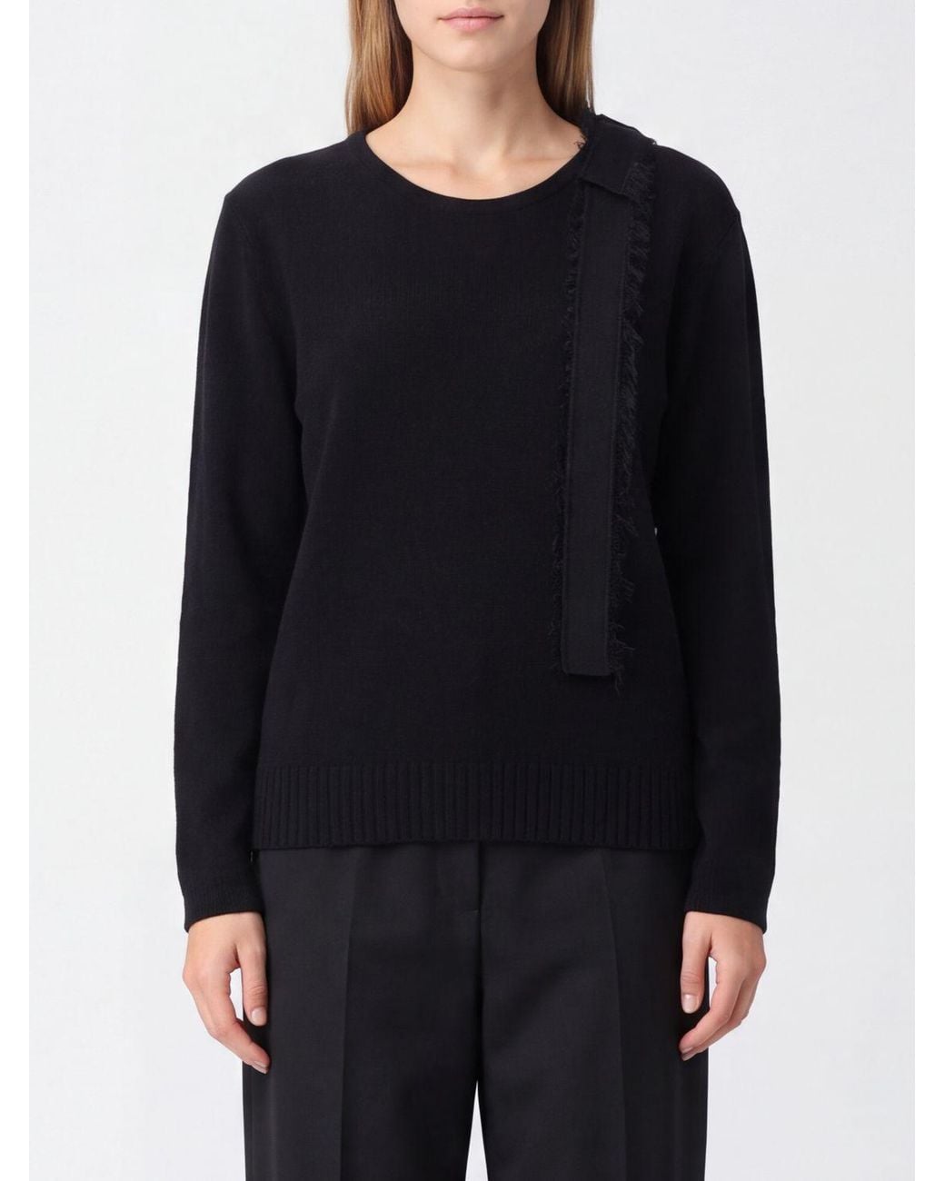 Alberta Ferretti Black Crewneck Wool Blend Jumper With Bow Appliqué