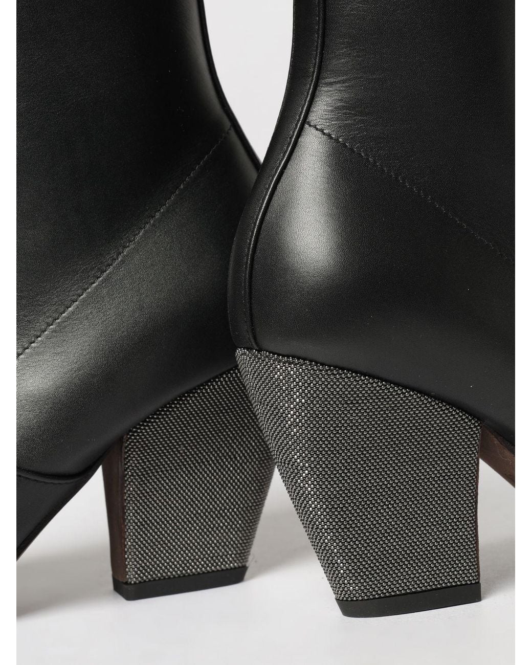 Brunello Cucinelli Black Leather Ankle Boots With Flared Heel And Monili