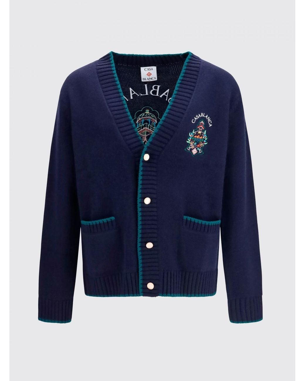 Casablanca Blue Wool And Cashmere Cardigan With Crest And Contrast Trim for men