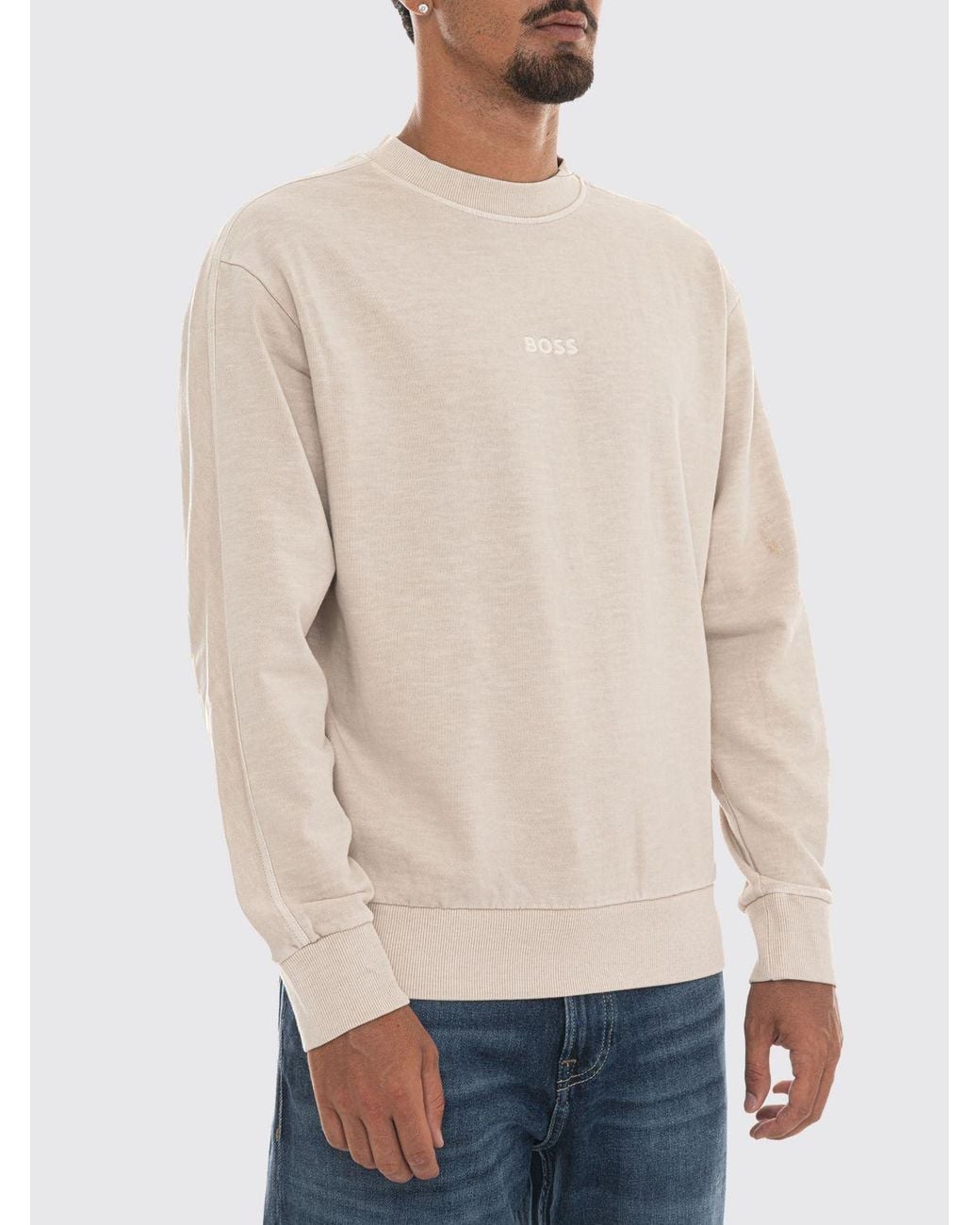 Boss Natural Crewneck Cotton Jumper With Contrast Logo And Dropped Shoulders for men