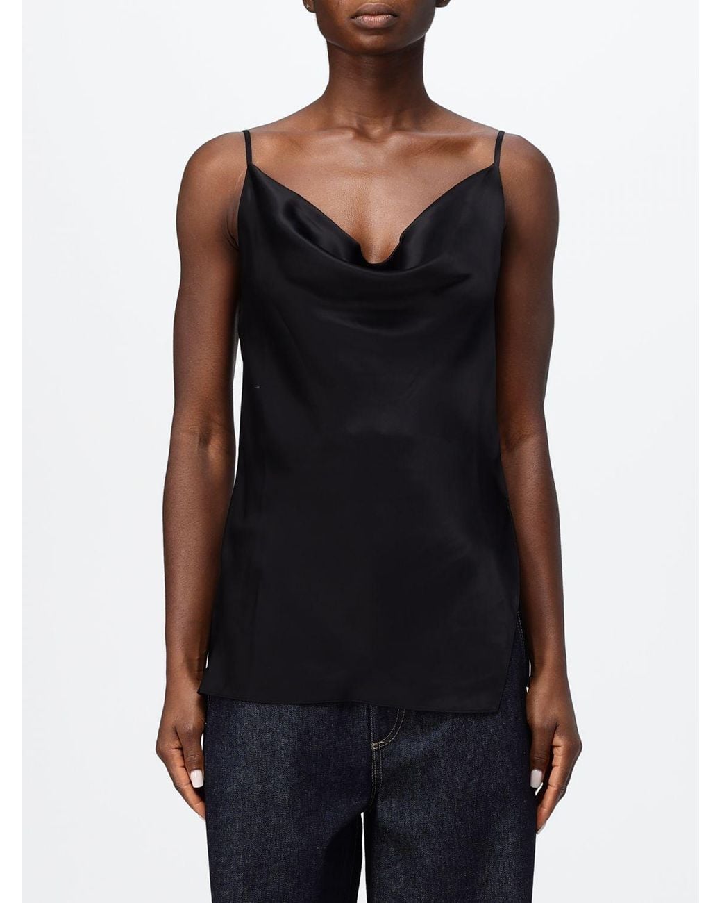Acne Black Satin Evening Top With Draped Neckline And Thin Straps