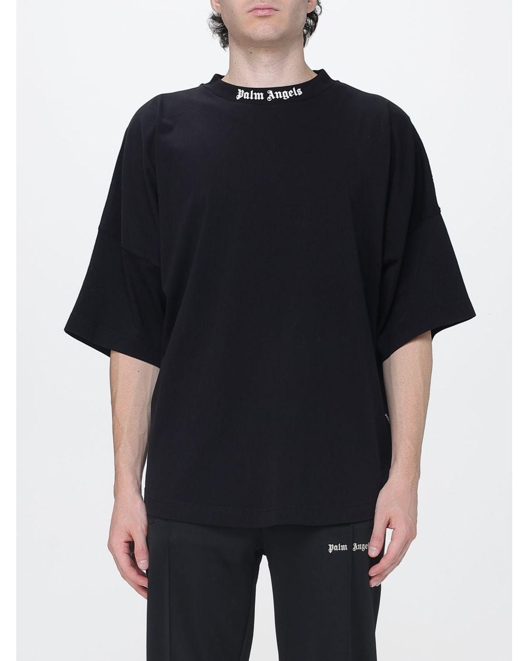 Palm Angels Black Relaxed Fit Cotton T-Shirt With Logo And Dropped Shoulders for men