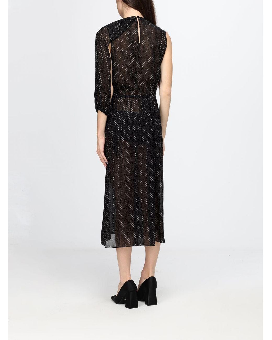 Crida Milano Black Polka-Dot Georgette One-Shoulder Midi Dress