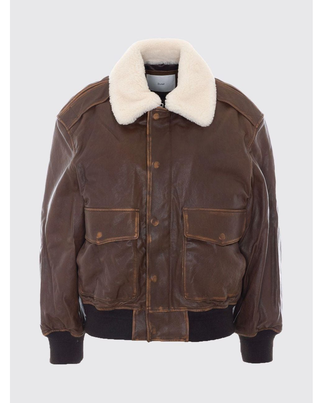 DUNST Brown Lambskin Leather Bomber Jacket With Fur Collar And Elasticated Cuffs