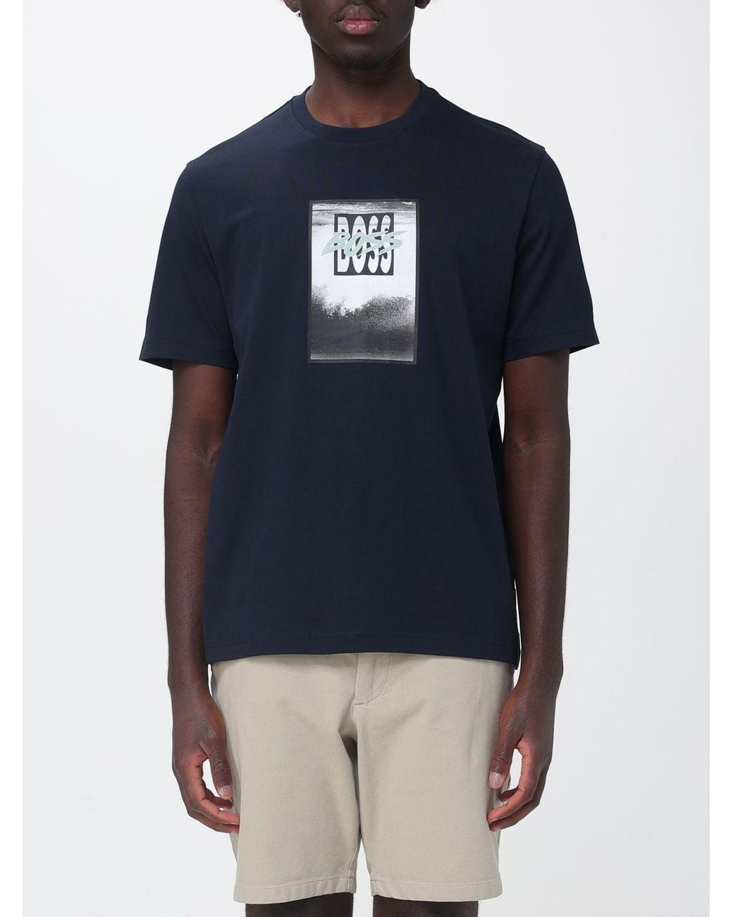 Boss Blue Crew Neck Pure Cotton T-Shirt With Printed Front Logo for men
