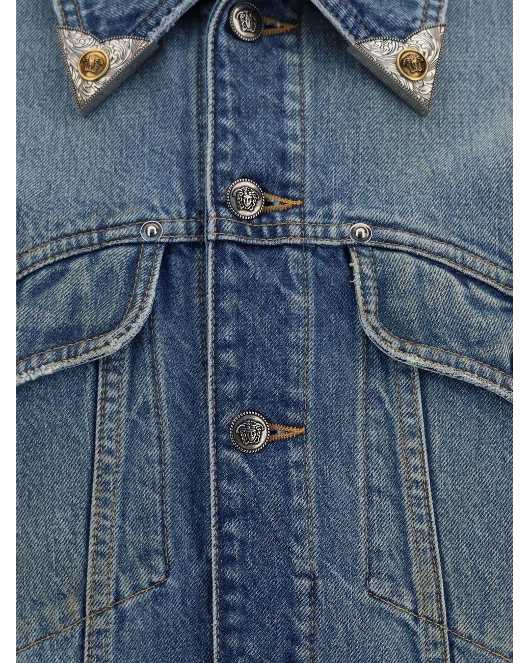 Versace Blue Cotton Denim Shirt Jacket With Patch Pockets for men